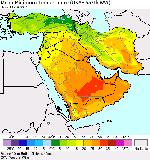 Middle East and Turkey Mean Minimum Temperature (USAF 557th WW) Thematic Map For 5/13/2024 - 5/19/2024