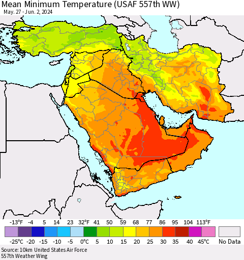 Middle East and Turkey Mean Minimum Temperature (USAF 557th WW) Thematic Map For 5/27/2024 - 6/2/2024
