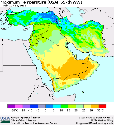 Middle East and Turkey Mean Maximum Temperature (USAF 557th WW) Thematic Map For 2/12/2018 - 2/18/2018