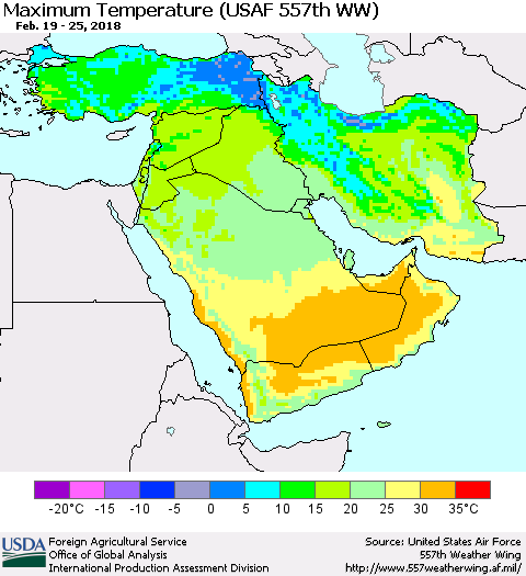 Middle East and Turkey Mean Maximum Temperature (USAF 557th WW) Thematic Map For 2/19/2018 - 2/25/2018