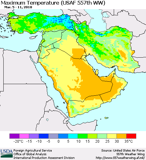 Middle East and Turkey Mean Maximum Temperature (USAF 557th WW) Thematic Map For 3/5/2018 - 3/11/2018