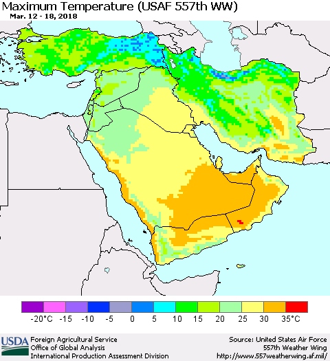 Middle East and Turkey Mean Maximum Temperature (USAF 557th WW) Thematic Map For 3/12/2018 - 3/18/2018