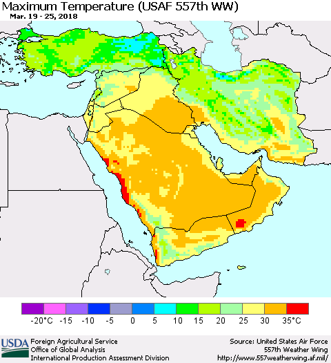 Middle East and Turkey Mean Maximum Temperature (USAF 557th WW) Thematic Map For 3/19/2018 - 3/25/2018