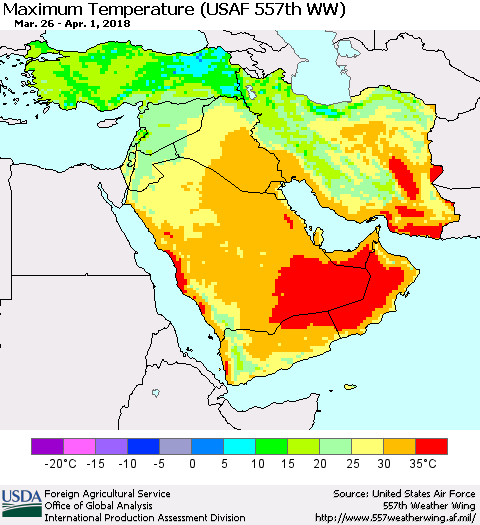 Middle East and Turkey Mean Maximum Temperature (USAF 557th WW) Thematic Map For 3/26/2018 - 4/1/2018