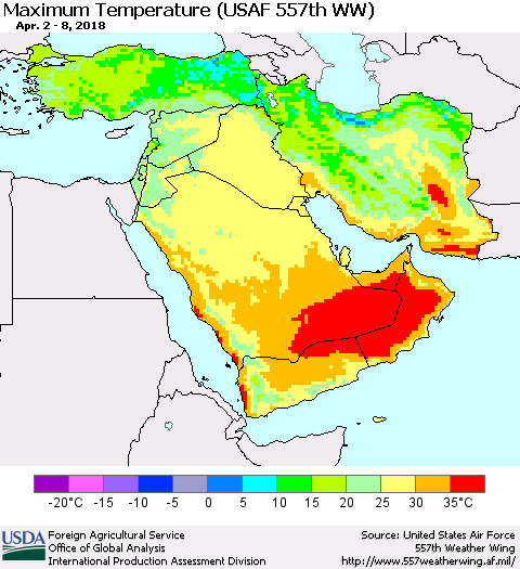 Middle East and Turkey Mean Maximum Temperature (USAF 557th WW) Thematic Map For 4/2/2018 - 4/8/2018