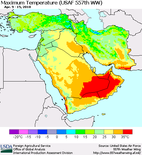 Middle East and Turkey Mean Maximum Temperature (USAF 557th WW) Thematic Map For 4/9/2018 - 4/15/2018