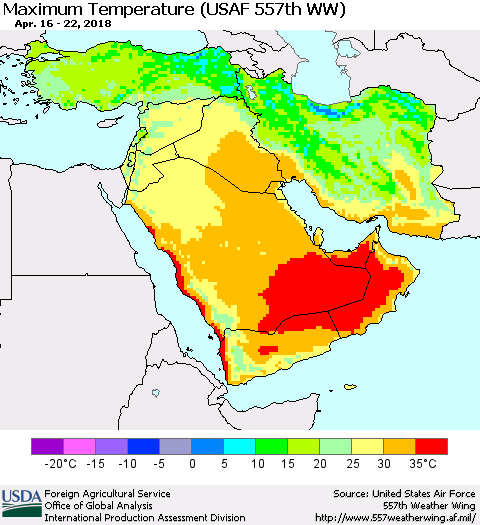 Middle East and Turkey Mean Maximum Temperature (USAF 557th WW) Thematic Map For 4/16/2018 - 4/22/2018