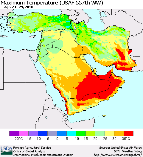 Middle East and Turkey Mean Maximum Temperature (USAF 557th WW) Thematic Map For 4/23/2018 - 4/29/2018
