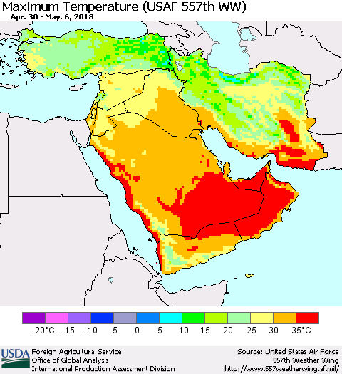Middle East and Turkey Mean Maximum Temperature (USAF 557th WW) Thematic Map For 4/30/2018 - 5/6/2018