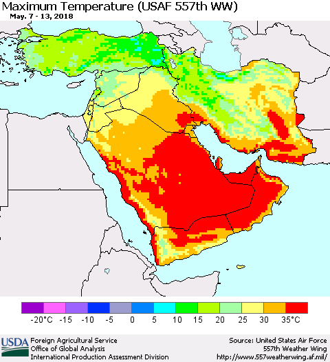 Middle East and Turkey Mean Maximum Temperature (USAF 557th WW) Thematic Map For 5/7/2018 - 5/13/2018