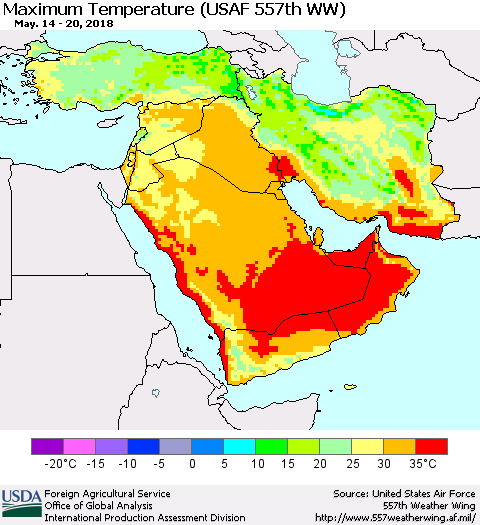 Middle East and Turkey Mean Maximum Temperature (USAF 557th WW) Thematic Map For 5/14/2018 - 5/20/2018