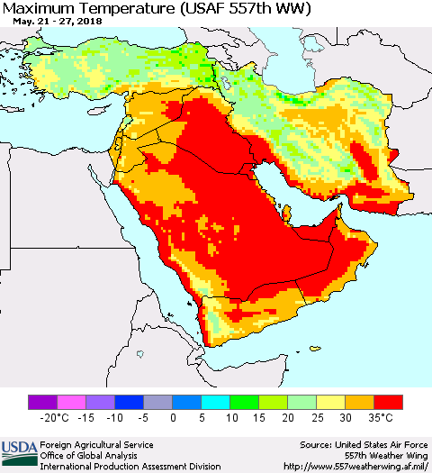 Middle East and Turkey Mean Maximum Temperature (USAF 557th WW) Thematic Map For 5/21/2018 - 5/27/2018