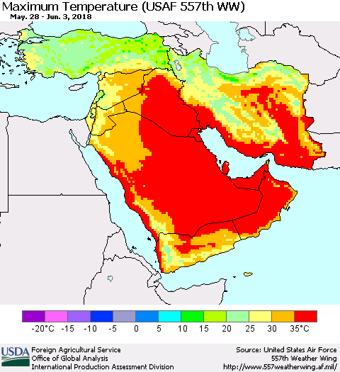 Middle East and Turkey Mean Maximum Temperature (USAF 557th WW) Thematic Map For 5/28/2018 - 6/3/2018