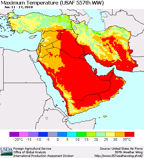 Middle East and Turkey Mean Maximum Temperature (USAF 557th WW) Thematic Map For 6/11/2018 - 6/17/2018