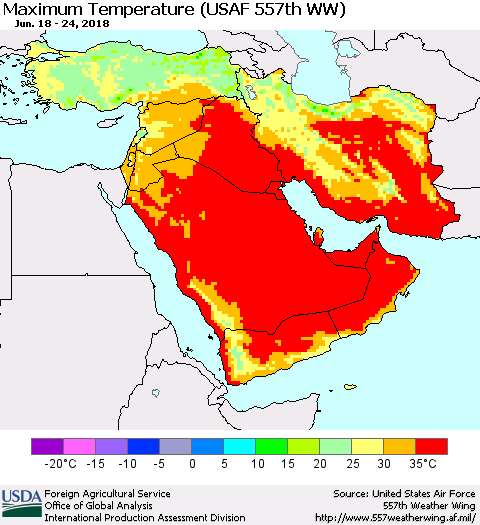 Middle East and Turkey Mean Maximum Temperature (USAF 557th WW) Thematic Map For 6/18/2018 - 6/24/2018