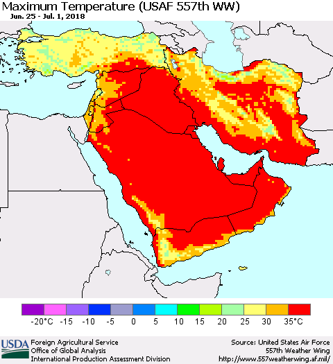 Middle East and Turkey Mean Maximum Temperature (USAF 557th WW) Thematic Map For 6/25/2018 - 7/1/2018