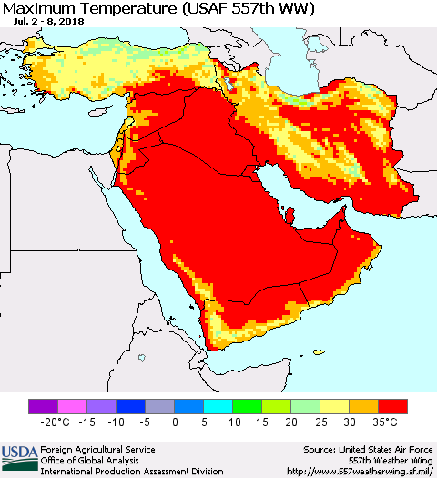 Middle East and Turkey Mean Maximum Temperature (USAF 557th WW) Thematic Map For 7/2/2018 - 7/8/2018