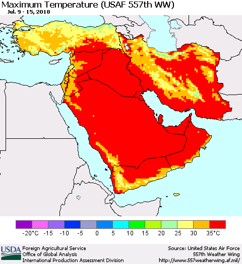 Middle East and Turkey Mean Maximum Temperature (USAF 557th WW) Thematic Map For 7/9/2018 - 7/15/2018