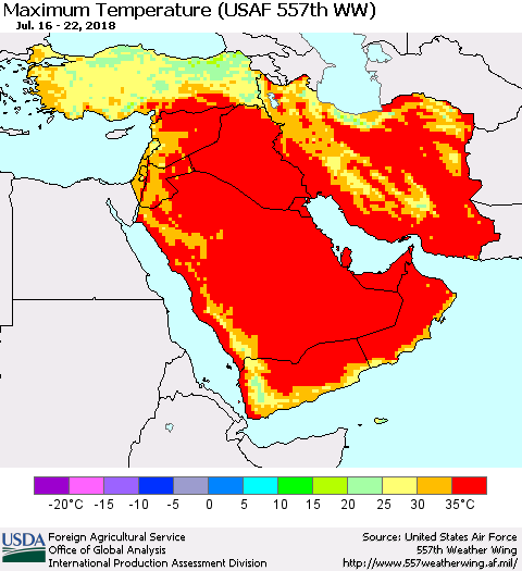 Middle East and Turkey Mean Maximum Temperature (USAF 557th WW) Thematic Map For 7/16/2018 - 7/22/2018