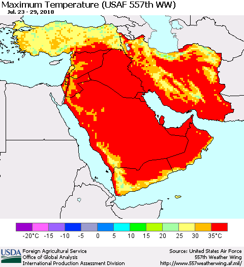 Middle East and Turkey Mean Maximum Temperature (USAF 557th WW) Thematic Map For 7/23/2018 - 7/29/2018