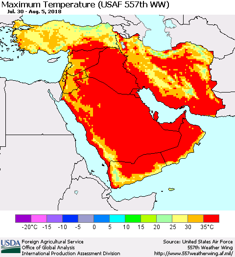 Middle East and Turkey Mean Maximum Temperature (USAF 557th WW) Thematic Map For 7/30/2018 - 8/5/2018