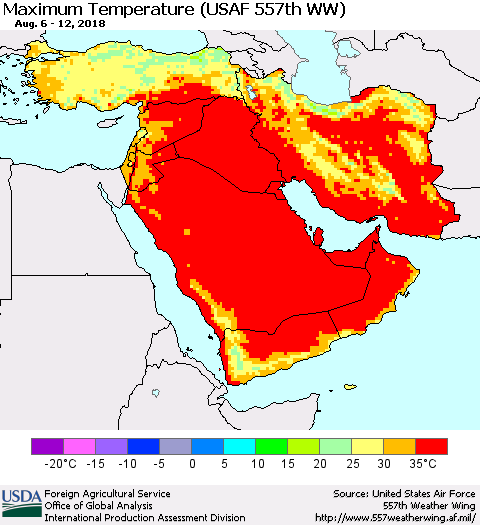 Middle East and Turkey Mean Maximum Temperature (USAF 557th WW) Thematic Map For 8/6/2018 - 8/12/2018