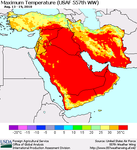 Middle East and Turkey Mean Maximum Temperature (USAF 557th WW) Thematic Map For 8/13/2018 - 8/19/2018