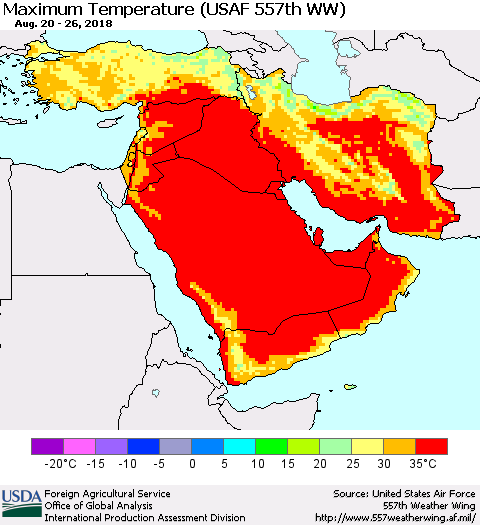 Middle East and Turkey Mean Maximum Temperature (USAF 557th WW) Thematic Map For 8/20/2018 - 8/26/2018