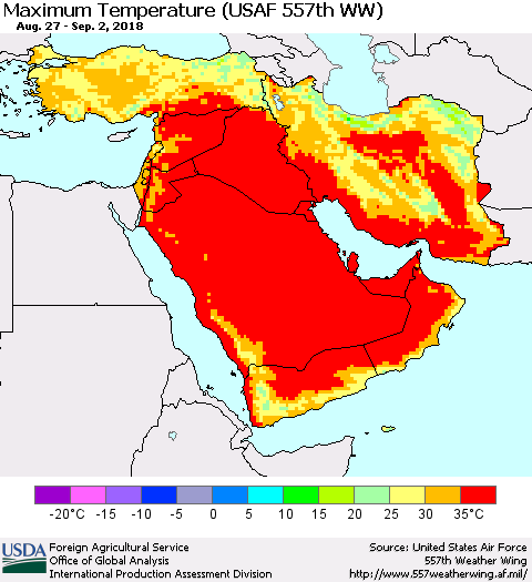Middle East and Turkey Mean Maximum Temperature (USAF 557th WW) Thematic Map For 8/27/2018 - 9/2/2018