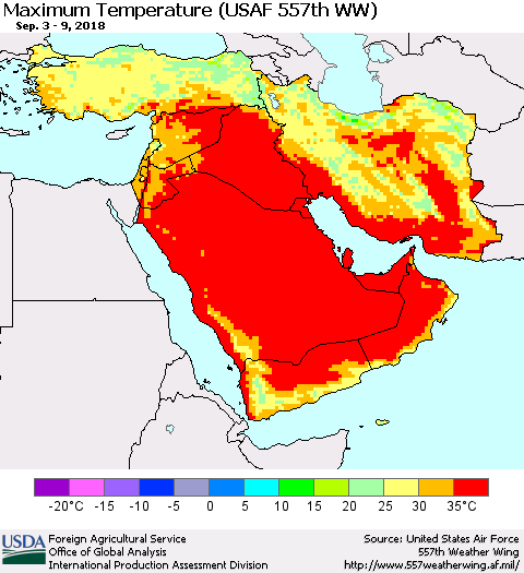 Middle East and Turkey Mean Maximum Temperature (USAF 557th WW) Thematic Map For 9/3/2018 - 9/9/2018