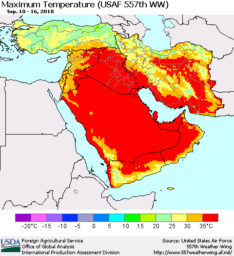 Middle East and Turkey Mean Maximum Temperature (USAF 557th WW) Thematic Map For 9/10/2018 - 9/16/2018