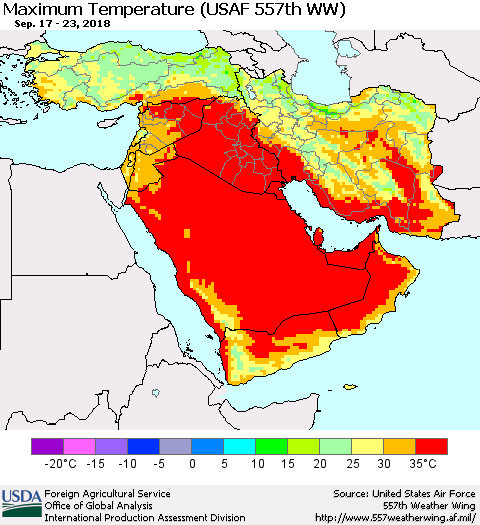 Middle East and Turkey Mean Maximum Temperature (USAF 557th WW) Thematic Map For 9/17/2018 - 9/23/2018
