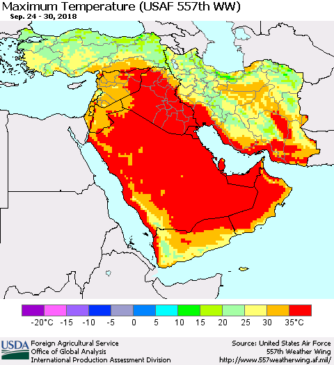 Middle East and Turkey Mean Maximum Temperature (USAF 557th WW) Thematic Map For 9/24/2018 - 9/30/2018