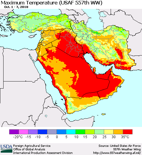 Middle East and Turkey Mean Maximum Temperature (USAF 557th WW) Thematic Map For 10/1/2018 - 10/7/2018