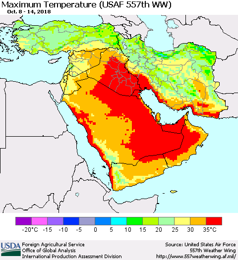 Middle East and Turkey Mean Maximum Temperature (USAF 557th WW) Thematic Map For 10/8/2018 - 10/14/2018