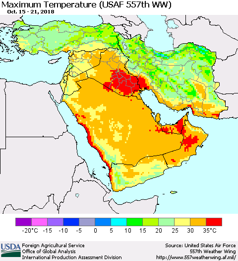 Middle East and Turkey Mean Maximum Temperature (USAF 557th WW) Thematic Map For 10/15/2018 - 10/21/2018