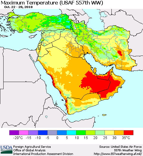 Middle East and Turkey Mean Maximum Temperature (USAF 557th WW) Thematic Map For 10/22/2018 - 10/28/2018