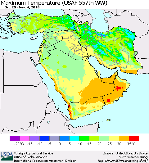 Middle East and Turkey Mean Maximum Temperature (USAF 557th WW) Thematic Map For 10/29/2018 - 11/4/2018