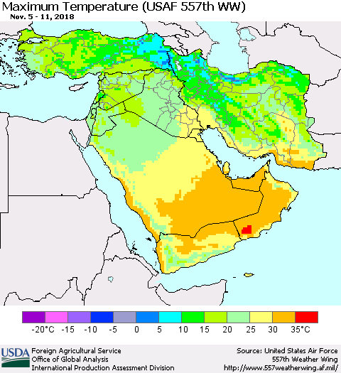 Middle East and Turkey Mean Maximum Temperature (USAF 557th WW) Thematic Map For 11/5/2018 - 11/11/2018