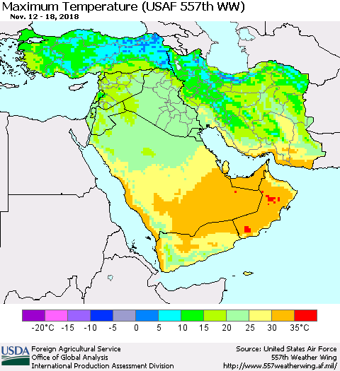 Middle East and Turkey Mean Maximum Temperature (USAF 557th WW) Thematic Map For 11/12/2018 - 11/18/2018