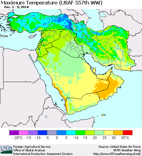 Middle East and Turkey Mean Maximum Temperature (USAF 557th WW) Thematic Map For 12/3/2018 - 12/9/2018