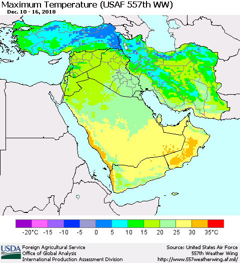 Middle East and Turkey Mean Maximum Temperature (USAF 557th WW) Thematic Map For 12/10/2018 - 12/16/2018