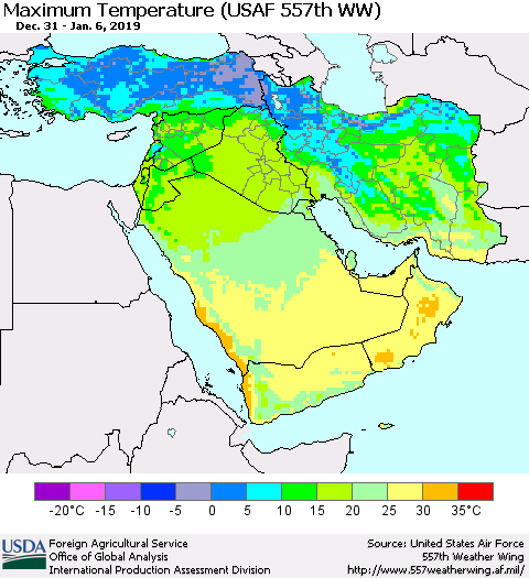 Middle East and Turkey Mean Maximum Temperature (USAF 557th WW) Thematic Map For 12/31/2018 - 1/6/2019