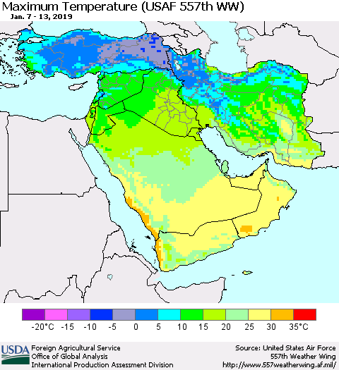 Middle East and Turkey Mean Maximum Temperature (USAF 557th WW) Thematic Map For 1/7/2019 - 1/13/2019