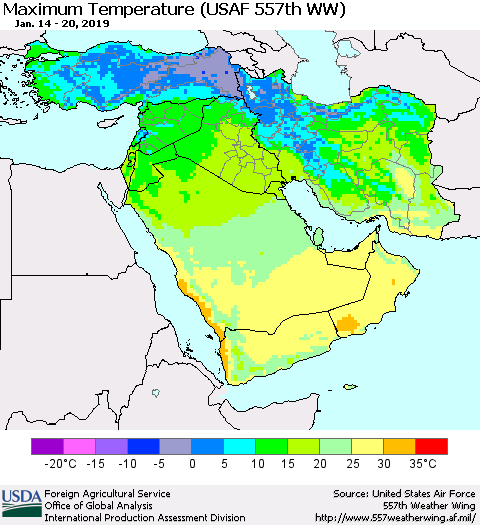 Middle East and Turkey Mean Maximum Temperature (USAF 557th WW) Thematic Map For 1/14/2019 - 1/20/2019