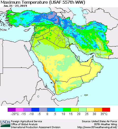 Middle East and Turkey Mean Maximum Temperature (USAF 557th WW) Thematic Map For 1/21/2019 - 1/27/2019