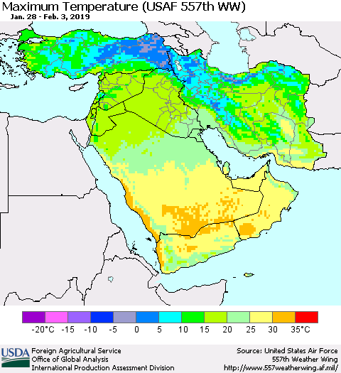 Middle East and Turkey Mean Maximum Temperature (USAF 557th WW) Thematic Map For 1/28/2019 - 2/3/2019