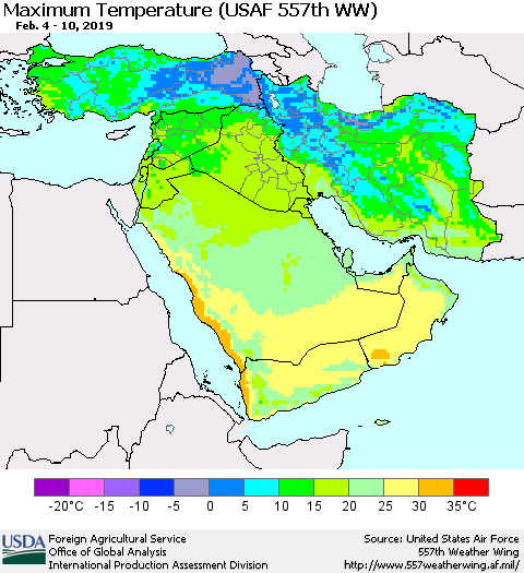 Middle East and Turkey Mean Maximum Temperature (USAF 557th WW) Thematic Map For 2/4/2019 - 2/10/2019