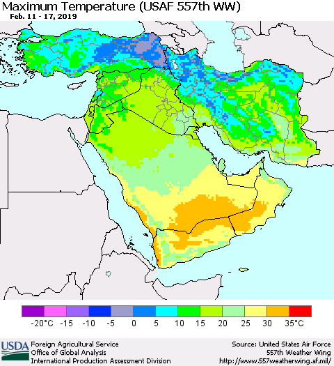Middle East and Turkey Mean Maximum Temperature (USAF 557th WW) Thematic Map For 2/11/2019 - 2/17/2019