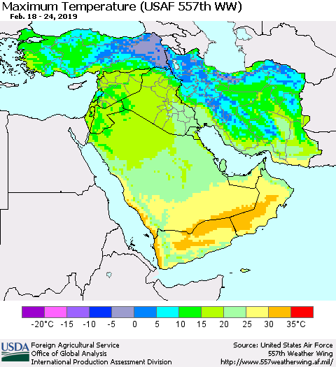 Middle East and Turkey Mean Maximum Temperature (USAF 557th WW) Thematic Map For 2/18/2019 - 2/24/2019